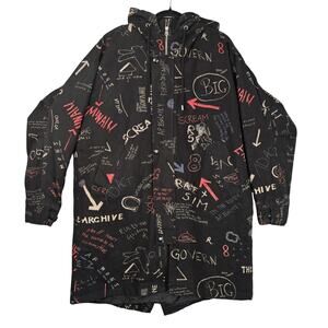 America Jacket Mens Large Black Hooded Parka Full Zip All Over Print Graphic